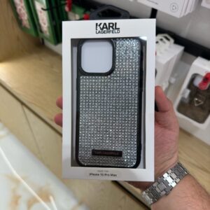 Karl Lagerfeld Rhinestone with Logo Metal Plate Case for iPhone 15 Pro Max - Silver