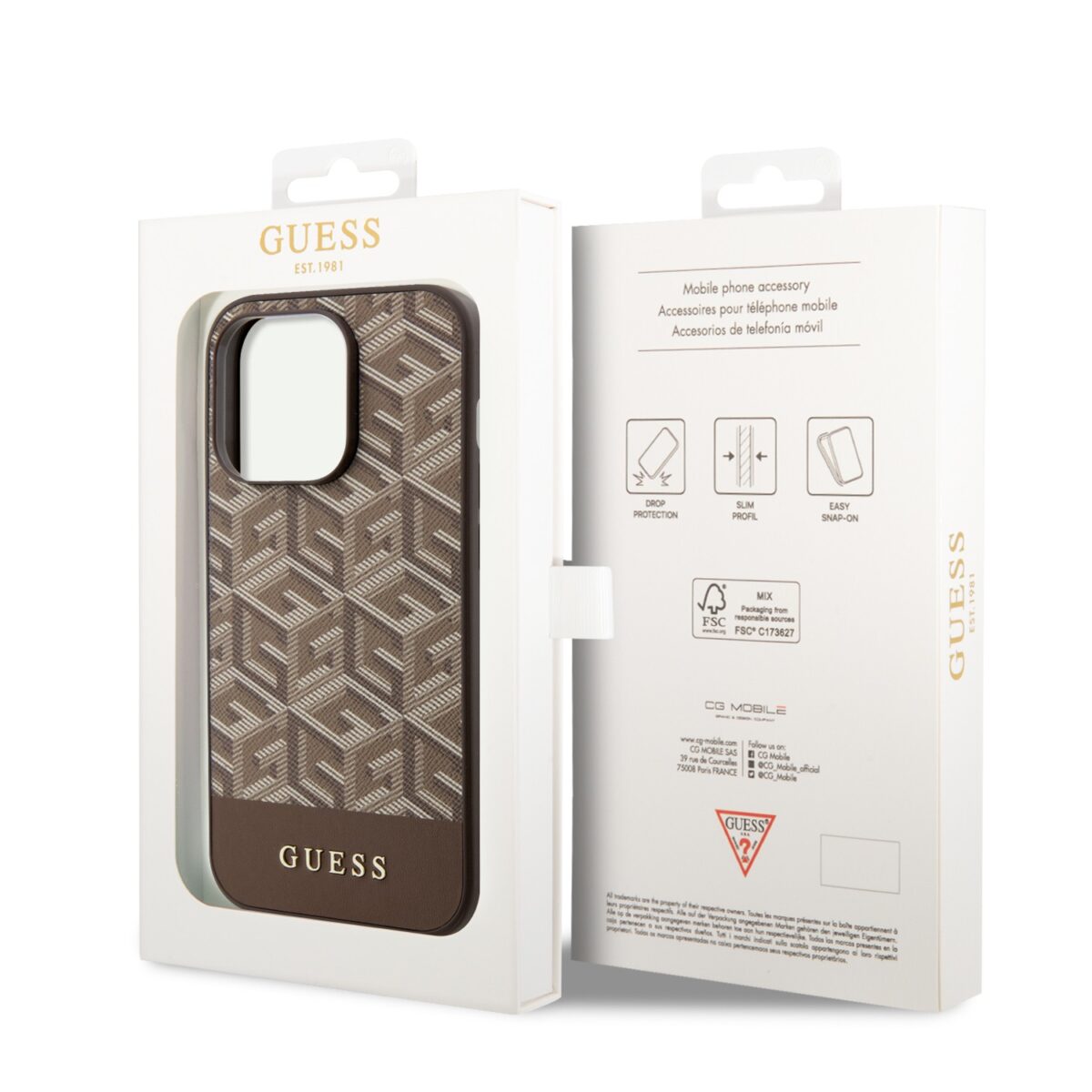 ⁦Guess Magsafe Leather Case with Gcube Stripe Pattern for iPhone 15 Pro Max - Brown⁩ - الصورة ⁦1⁩