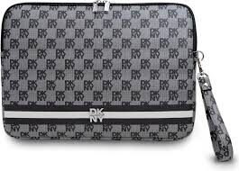 DKNY LAPTOP SLEEVE PU CHECKERED PATTERN W/ PRINTED STRIPES BLACK 14"